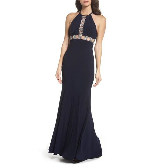 XSCAPE Crystal Embellished Halter Cut Out Dress Navy Blue Womens 8 Prom Formal - Picture 1 of 5